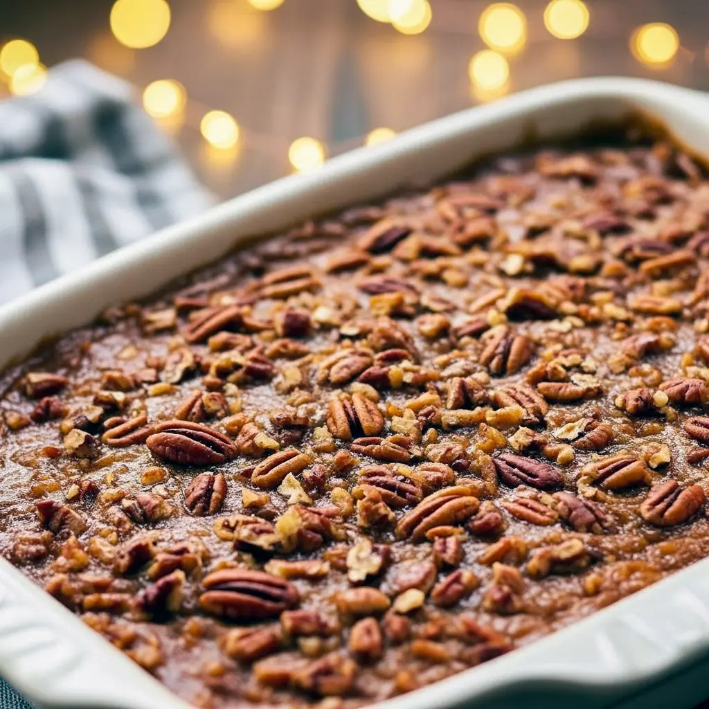 A rustic homemade Pumpkin Pecan Cobbler in a white baking dish topped with caramel sauce and toasted pecans, the ultimate cozy Pumpkin Desserts Thanksgiving recipe idea inspired by Thanksgiving Recipes Pumpkin and Pumpkin Crumble Pie flavors.