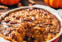 A rustic homemade Pumpkin Pecan Cobbler in a white baking dish topped with caramel sauce and toasted pecans, the ultimate cozy Pumpkin Desserts Thanksgiving recipe idea inspired by Thanksgiving Recipes Pumpkin and Pumpkin Crumble Pie flavors.