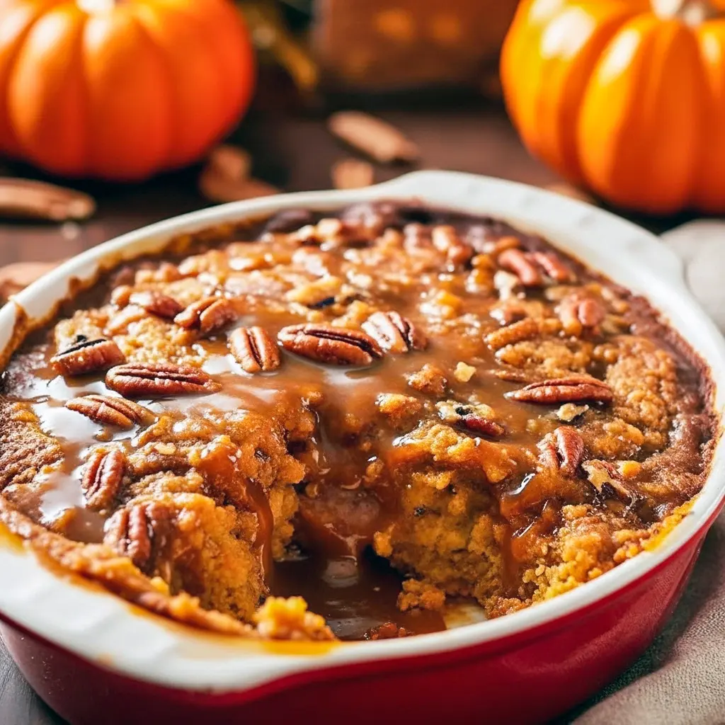 A rustic homemade Pumpkin Pecan Cobbler in a white baking dish topped with caramel sauce and toasted pecans, the ultimate cozy Pumpkin Desserts Thanksgiving recipe idea inspired by Thanksgiving Recipes Pumpkin and Pumpkin Crumble Pie flavors.