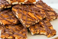 Close-up of salted caramel pretzel bark: milk chocolate base layered with caramel ribbons and crunchy salted pretzels, broken into rustic pieces on parchment.