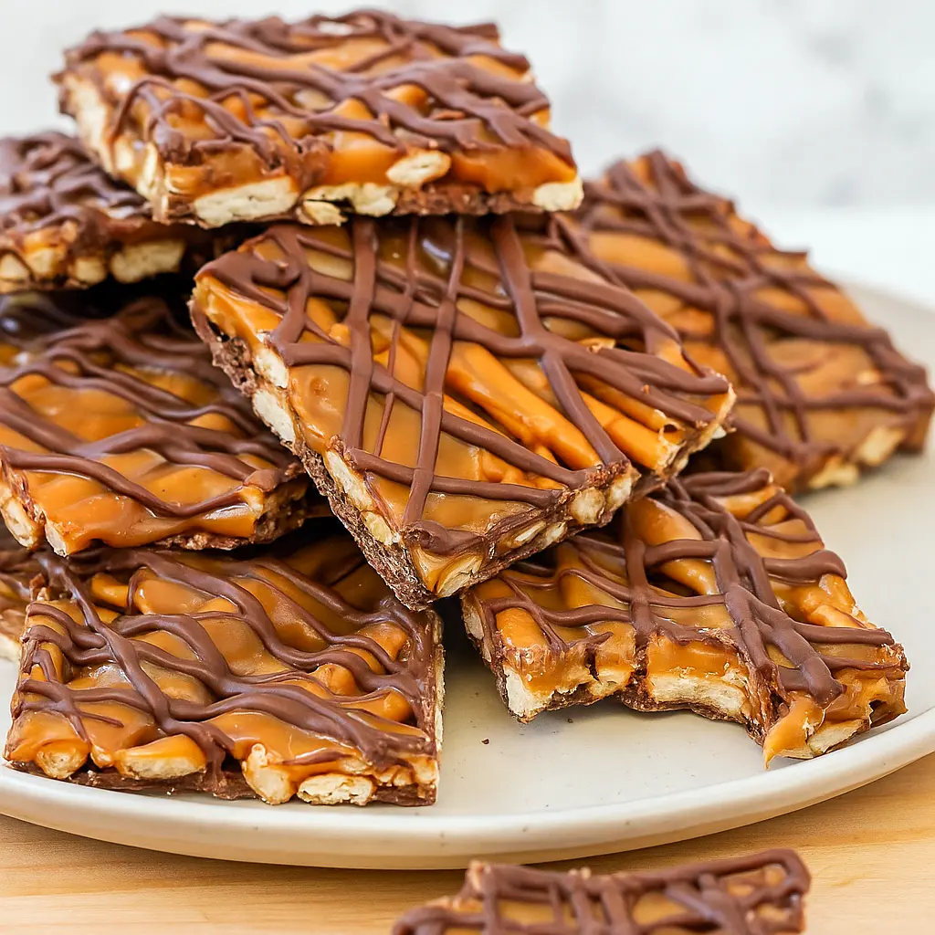Salted Caramel Pretzel Bark — No Bake Holiday Recipes for Easy Entertaining Close-up of salted caramel pretzel bark: milk chocolate base layered with caramel ribbons and crunchy salted pretzels, broken into rustic pieces on parchment.