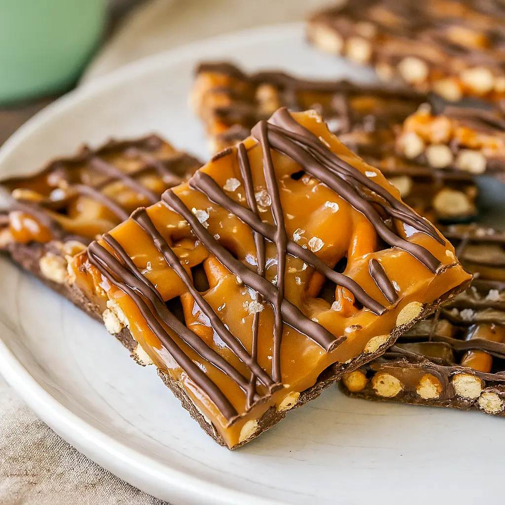Close-up of salted caramel pretzel bark: milk chocolate base layered with caramel ribbons and crunchy salted pretzels, broken into rustic pieces on parchment.