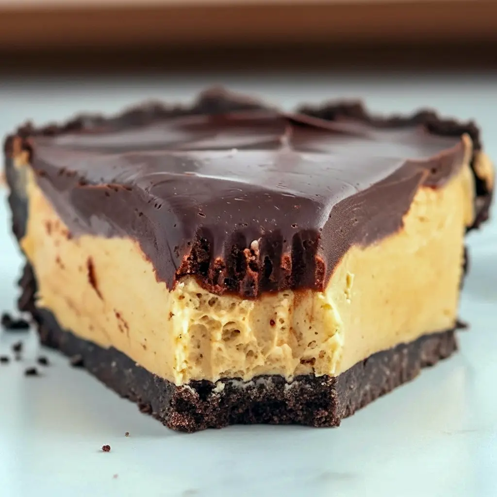 Slice of Skrewball pie with Oreo crust, whipped peanut butter filling and shiny chocolate ganache, garnished with chopped peanuts and flaky salt, Salted Chocolate Peanut Butter Pie.
