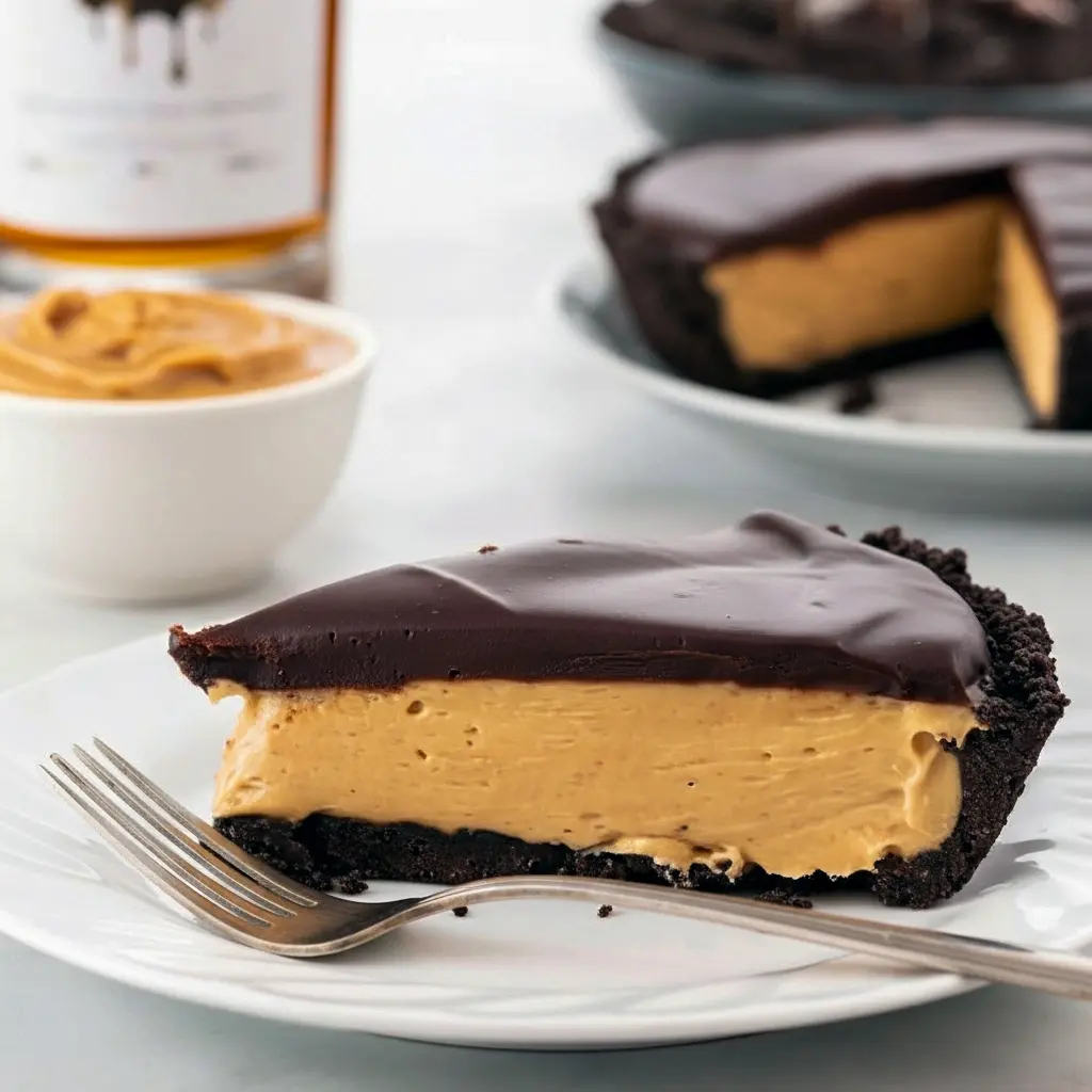 Slice of Skrewball pie with Oreo crust, whipped peanut butter filling and shiny chocolate ganache, garnished with chopped peanuts and flaky salt.