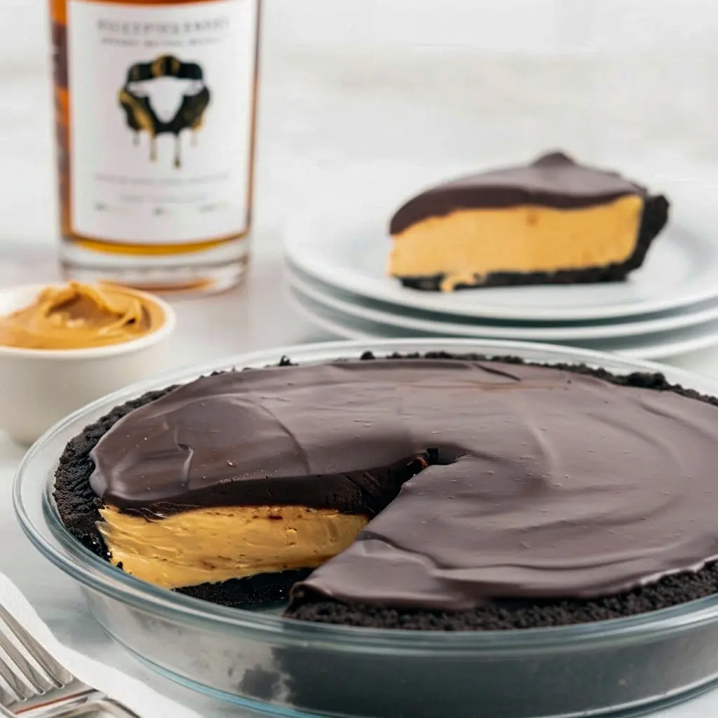 Slice of Skrewball pie with Oreo crust, whipped peanut butter filling and shiny chocolate ganache, garnished with chopped peanuts and flaky salt.