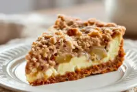 Slice of Snickerdoodle cream cheese apple pie with crumb topping and caramel drizzle on a white plate.