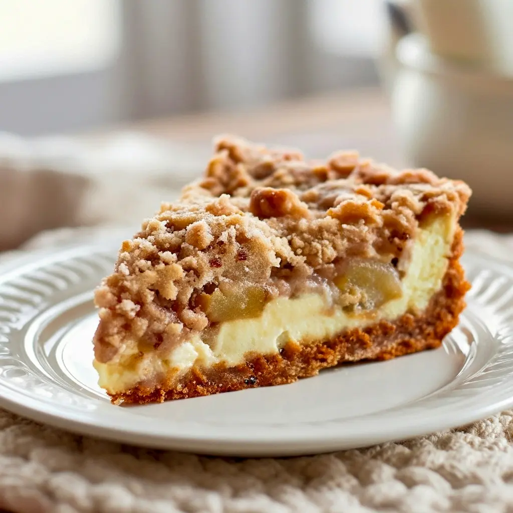 Slice of Snickerdoodle cream cheese apple pie with crumb topping and caramel drizzle on a white plate.