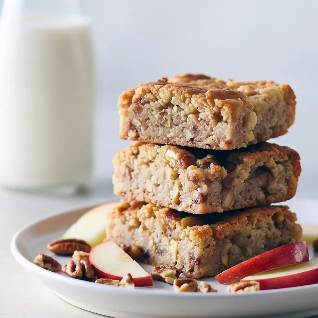 Square apple blondie bars studded with apple pieces and pecans on a wooden board, one piece topped with a scoop of vanilla ice cream.