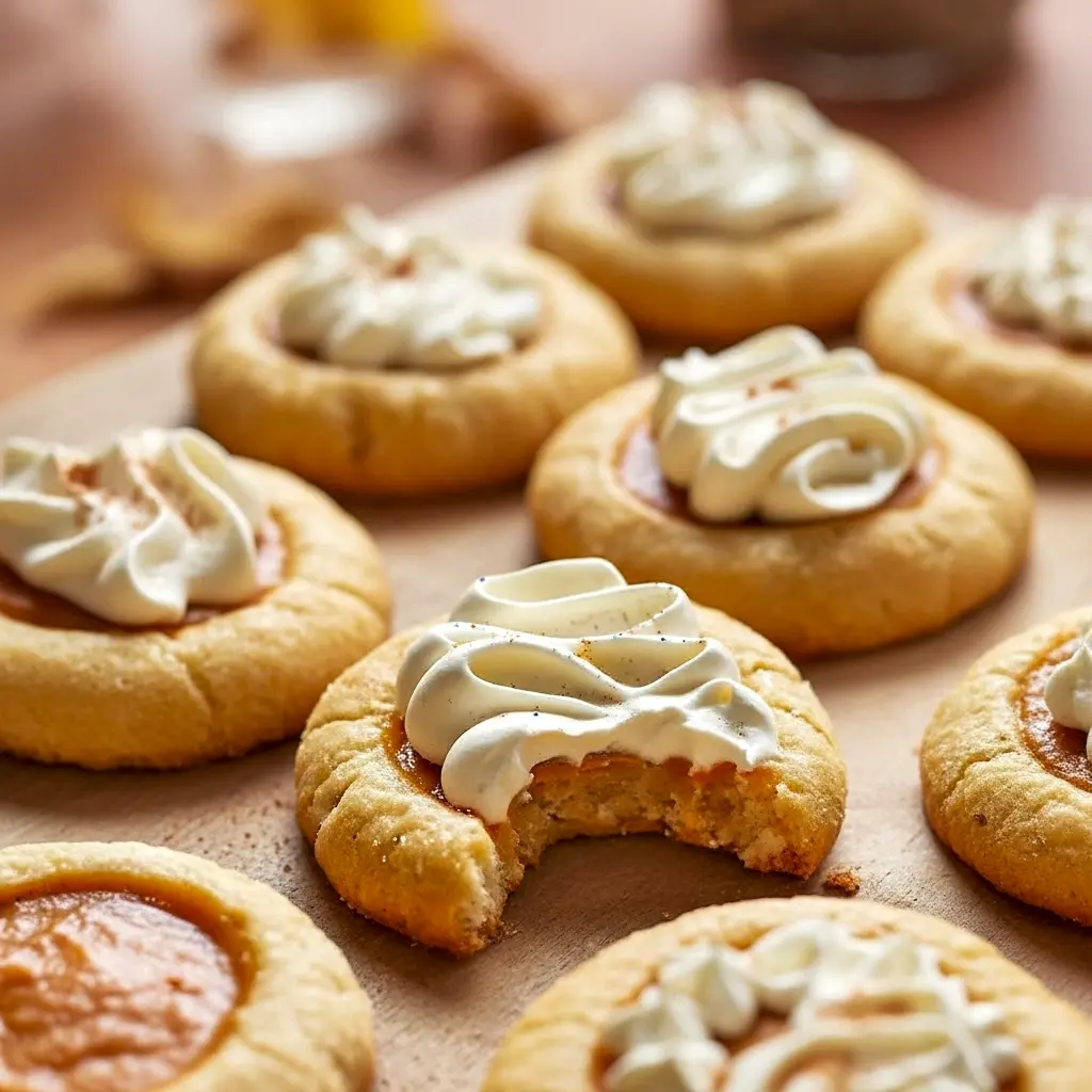 Large pumpkin pie–style cookies with caramelized bottoms and a creamy pumpkin center, plated with whipped cream and cinnamon sticks — styled as Pumpkin Pie With Cookie Crust inspired bites, shown alongside other Seasonal Cookies, finished with pretty Pumpkin Pie Cookie Toppings for Aesthetic Fall Desserts.