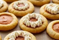 Large pumpkin pie–style cookies with caramelized bottoms and a creamy pumpkin center, plated with whipped cream and cinnamon sticks — styled as Pumpkin Pie With Cookie Crust inspired bites, shown alongside other Seasonal Cookies, finished with pretty Pumpkin Pie Cookie Toppings for Aesthetic Fall Desserts.