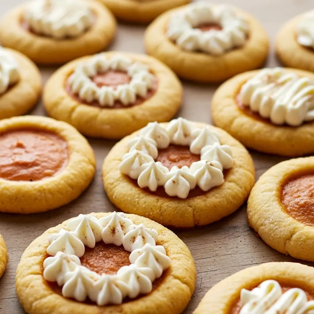 Large pumpkin pie–style cookies with caramelized bottoms and a creamy pumpkin center, plated with whipped cream and cinnamon sticks — styled as Pumpkin Pie With Cookie Crust inspired bites, shown alongside other Seasonal Cookies, finished with pretty Pumpkin Pie Cookie Toppings for Aesthetic Fall Desserts.