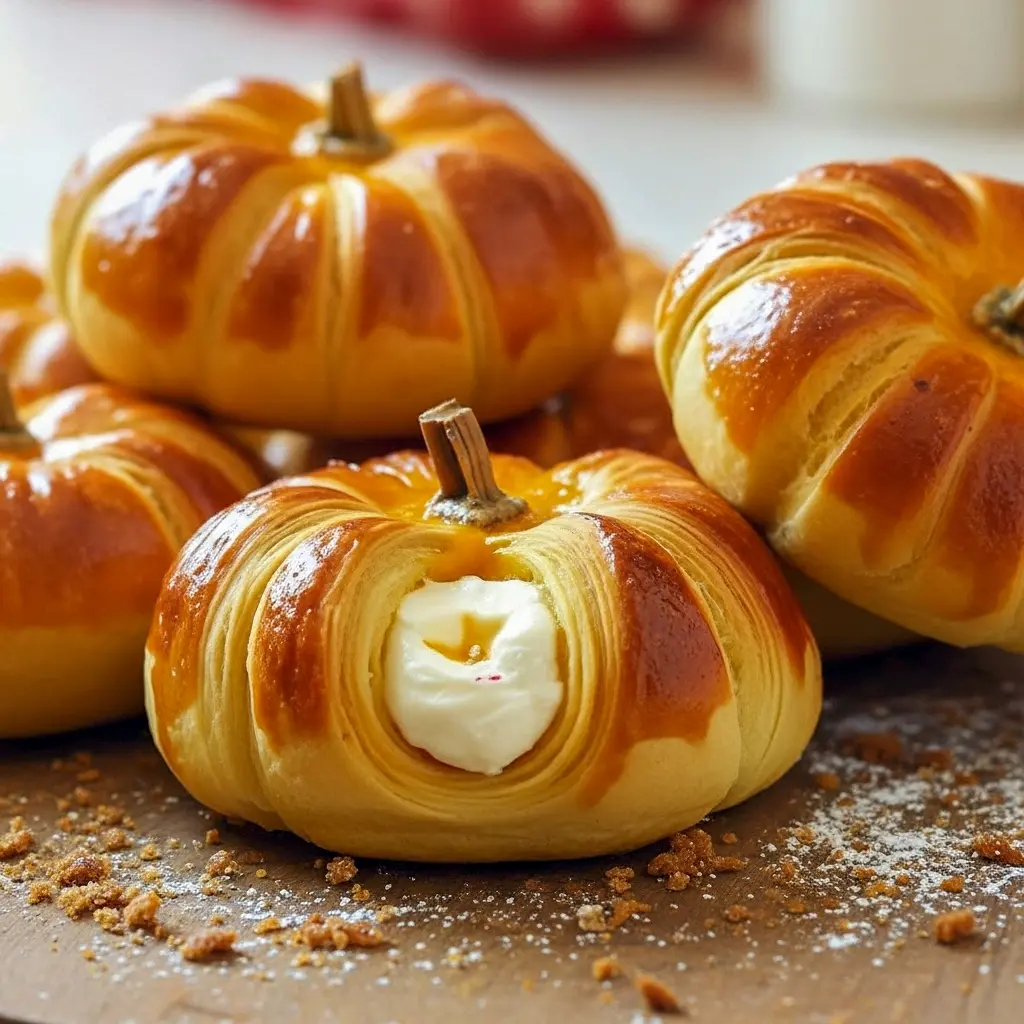 Golden crescent rolls shaped like pumpkins, filled with creamy pumpkin and cream cheese, dusted with cinnamon and arranged on a wooden serving board.