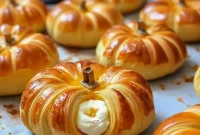 Golden crescent rolls shaped like pumpkins, filled with creamy pumpkin and cream cheese, dusted with cinnamon and arranged on a wooden serving board.