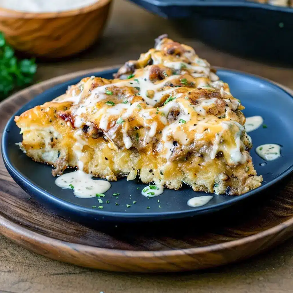 Overhead shot of a cheesy Pizza With Ground Beef topped with caramelized onions and melted cheddar in a cast iron skillet — a cozy Deep Dish Pizza Recipe inspired by a classic patty melt.