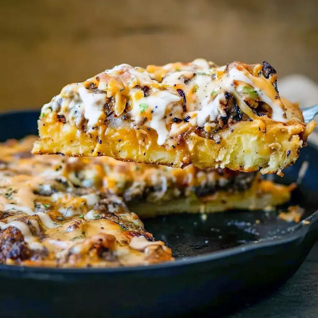 Overhead shot of a cheesy Pizza With Ground Beef topped with caramelized onions and melted cheddar in a cast iron skillet — a cozy Deep Dish Pizza Recipe inspired by a classic patty melt.