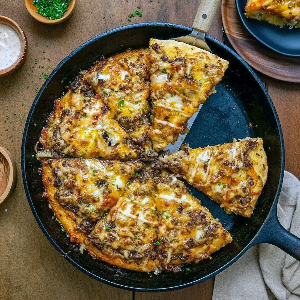 Overhead shot of a cheesy Pizza With Ground Beef topped with caramelized onions and melted cheddar in a cast iron skillet — a cozy Deep Dish Pizza Recipe inspired by a classic patty melt.