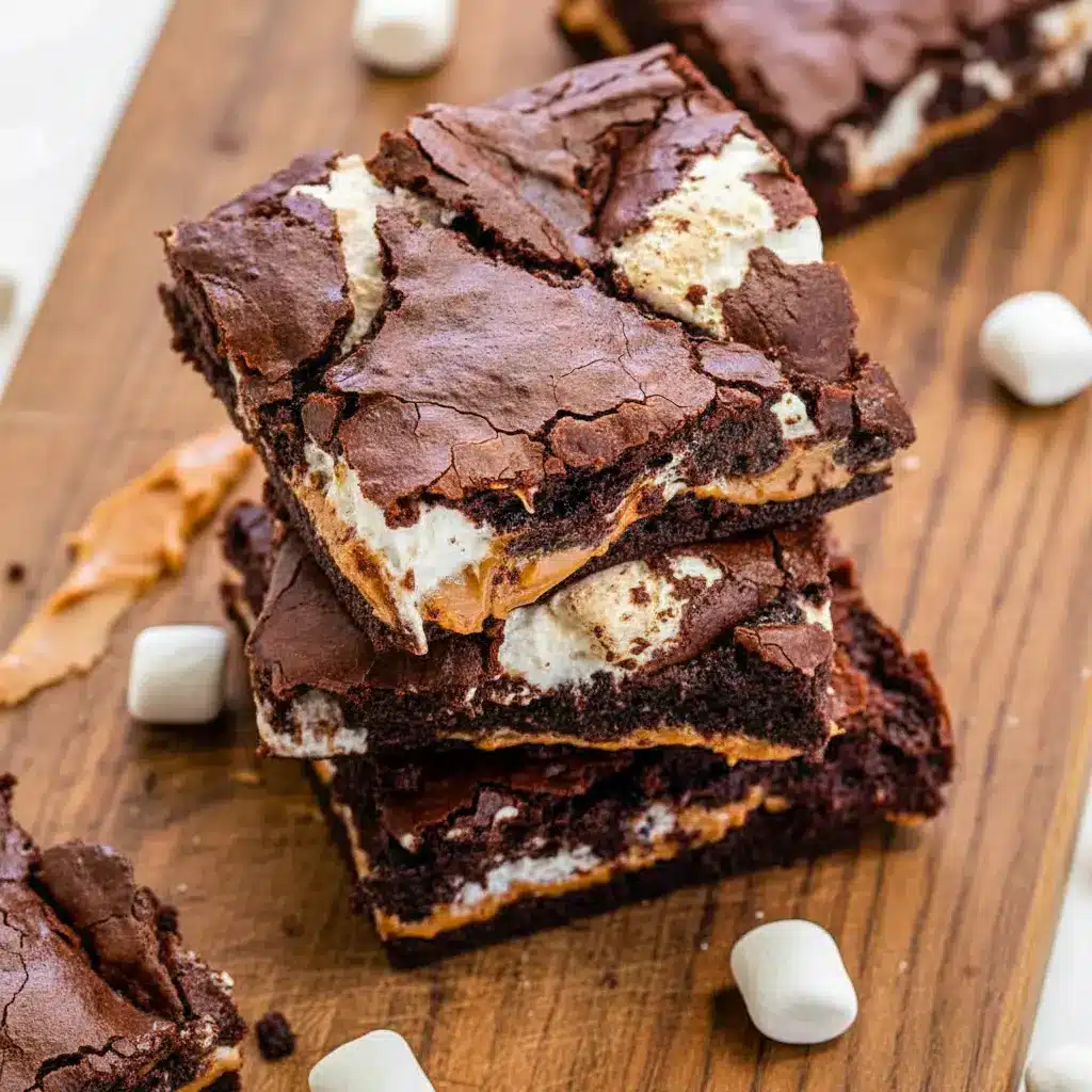 Close-up of gooey layered brownies inspired by Fluffernutter Dessert, showcasing rich chocolate with fluffy marshmallow and creamy peanut butter, similar to Fluffernutter Brownies and stylish Fluffernutter Cookie Bars, perfect for fans of Recipes With Fluff and nostalgic Fluffernutter Recipes.