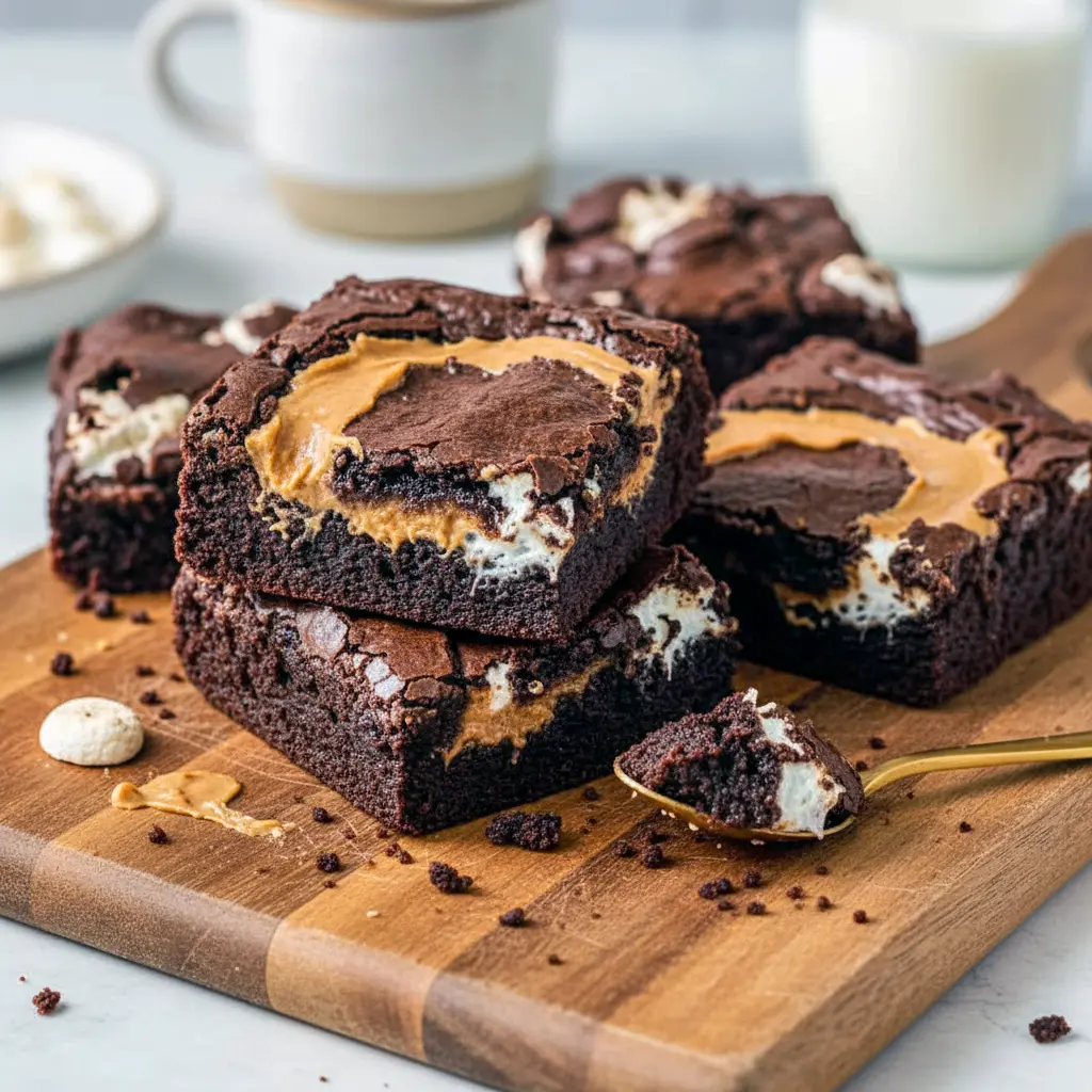 Close-up of gooey layered brownies inspired by Fluffernutter Dessert, showcasing rich chocolate with fluffy marshmallow and creamy peanut butter, similar to Fluffernutter Brownies and stylish Fluffernutter Cookie Bars, perfect for fans of Recipes With Fluff and nostalgic Fluffernutter Recipes.