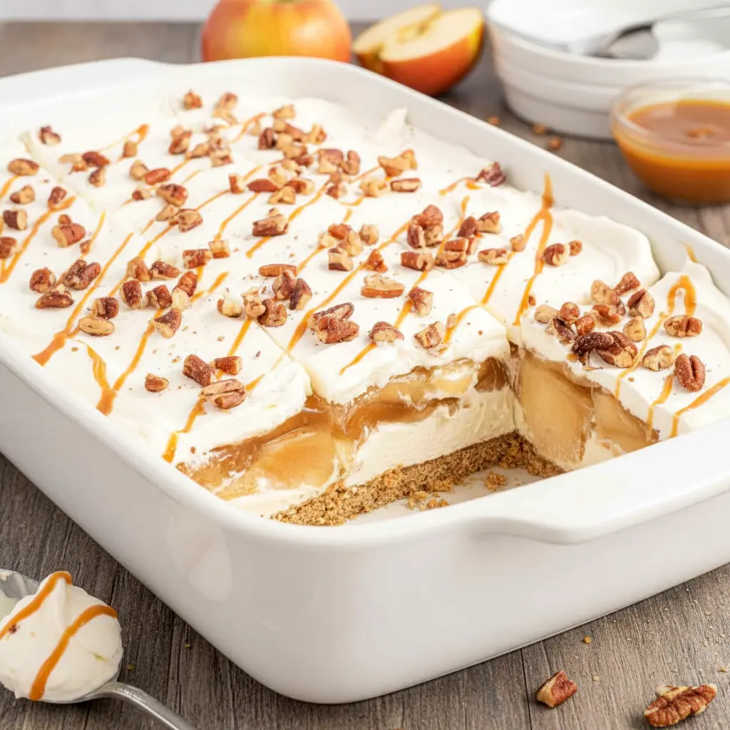 Top view of layered no-bake apple lasagna dessert with graham cracker crust, creamy filling, apple pie topping, and pecans in a glass dish.