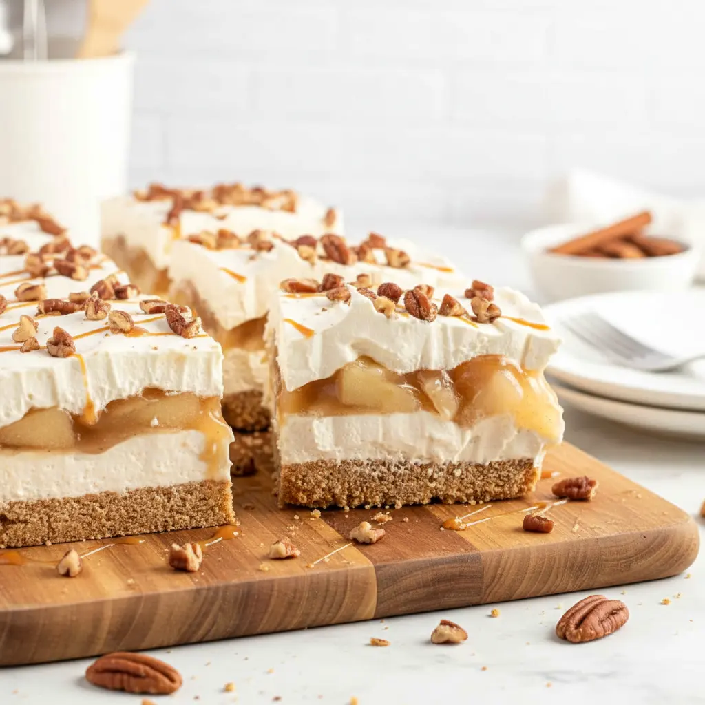 Top view of layered no-bake apple lasagna dessert with graham cracker crust, creamy filling, apple pie topping, and pecans in a glass dish.