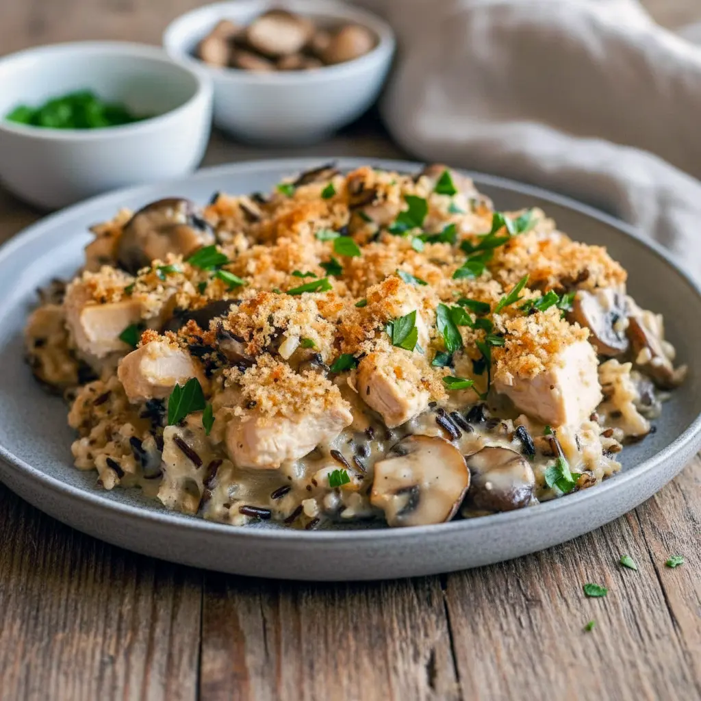 Golden, cheesy Baked Chicken Wild Rice Casserole in a white baking dish, topped with crispy panko breadcrumbs and garnished with fresh herbs.
