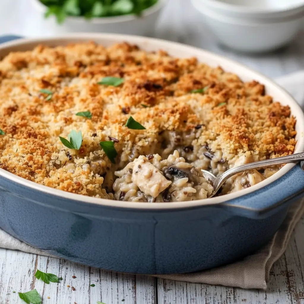 Golden, cheesy Baked Chicken Wild Rice Casserole in a white baking dish, topped with crispy panko breadcrumbs and garnished with fresh herbs.