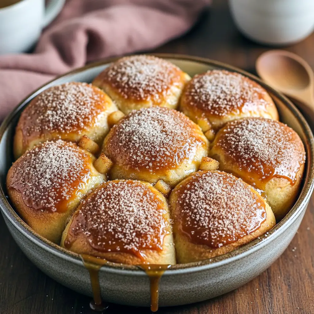 Close-up of caramel-filled apple pie bombs baked until golden brown, coated in cinnamon sugar and oozing warm caramel when pulled apart — bite-sized fall dessert made with biscuit dough and apple filling.