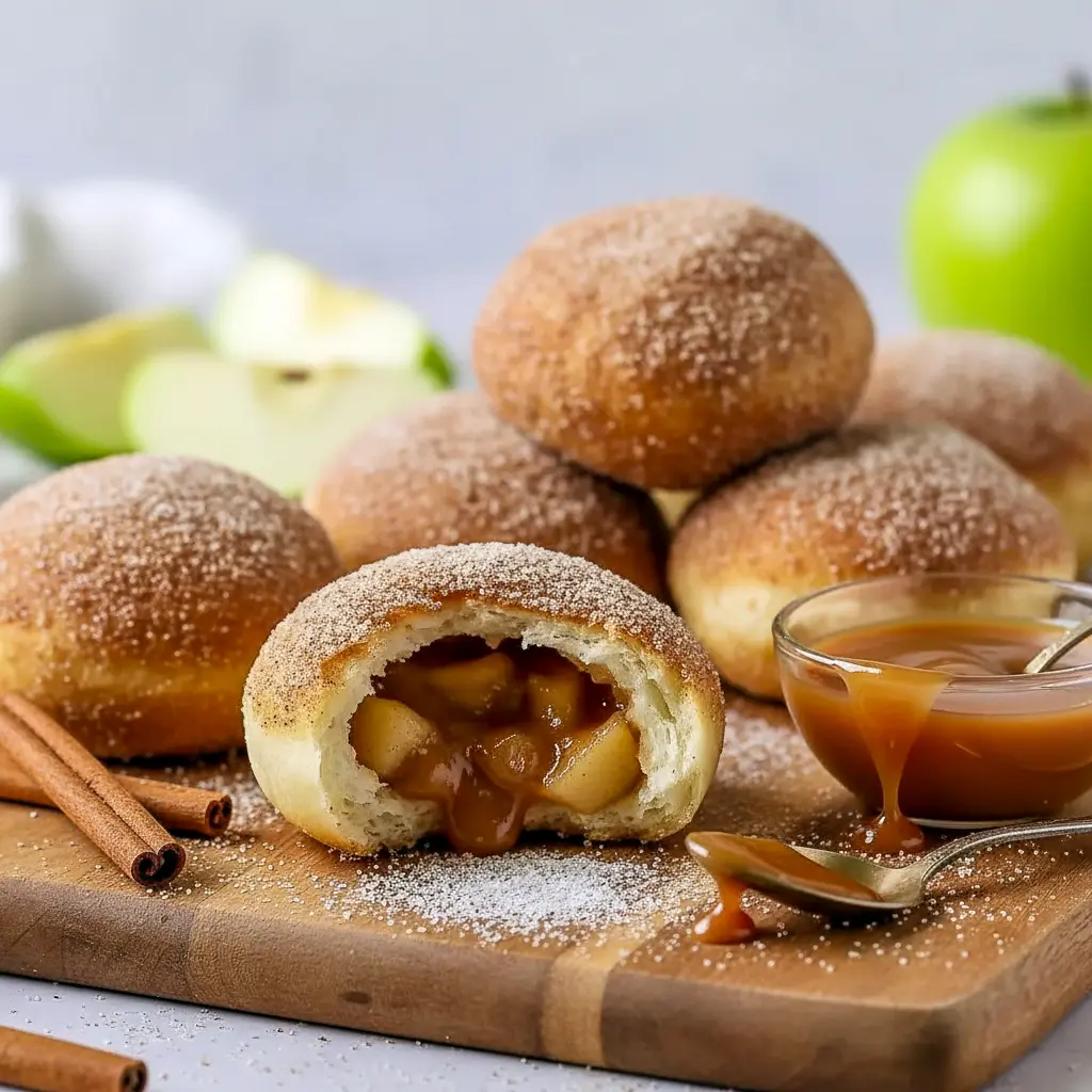 Close-up of caramel-filled apple pie bombs baked until golden brown, coated in cinnamon sugar and oozing warm caramel when pulled apart — bite-sized fall dessert made with biscuit dough and apple filling.