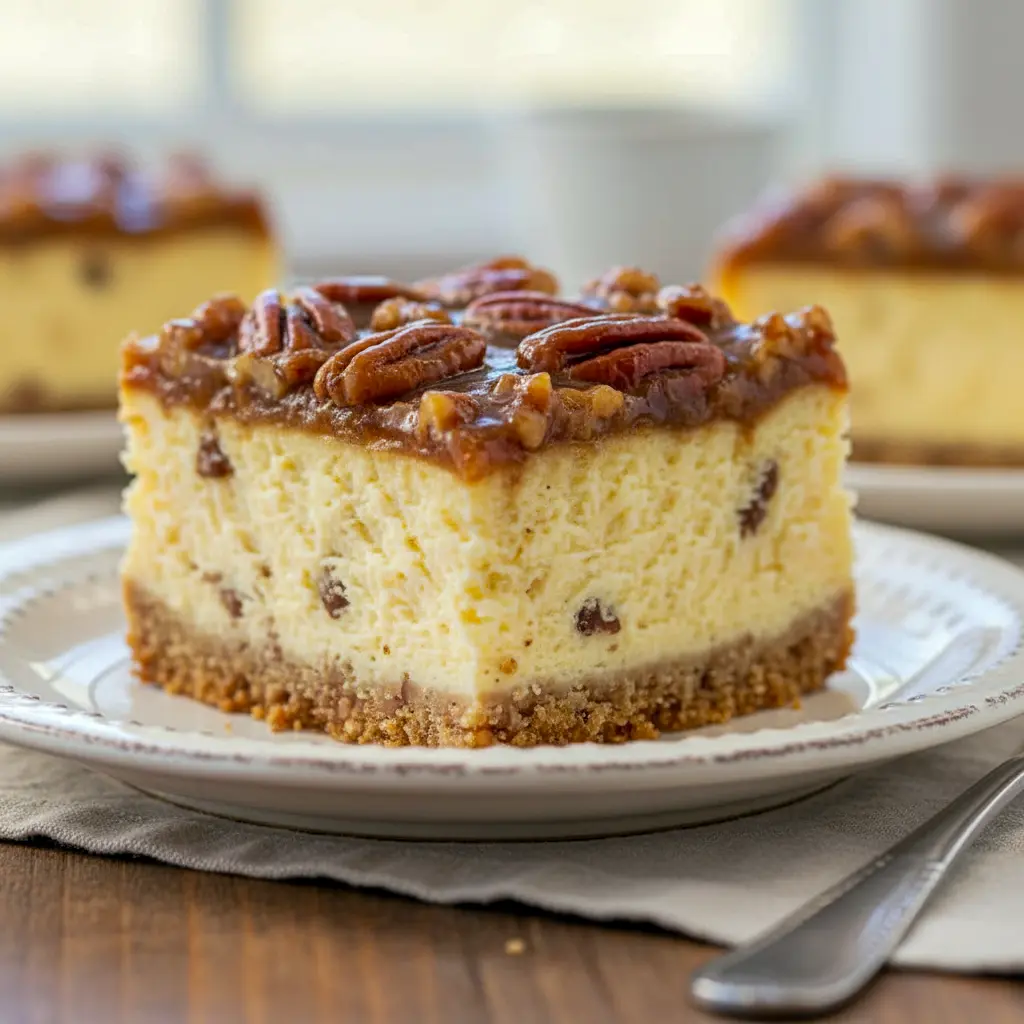 A rich Cheesecake With Pecan Pie Topping featuring a buttery crust, creamy cheesecake layer, and glossy caramelized pecans drizzled over the top — the ultimate Baking With Pecans dessert.