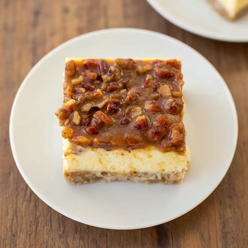 A rich Cheesecake With Pecan Pie Topping featuring a buttery crust, creamy cheesecake layer, and glossy caramelized pecans drizzled over the top — the ultimate Baking With Pecans dessert.