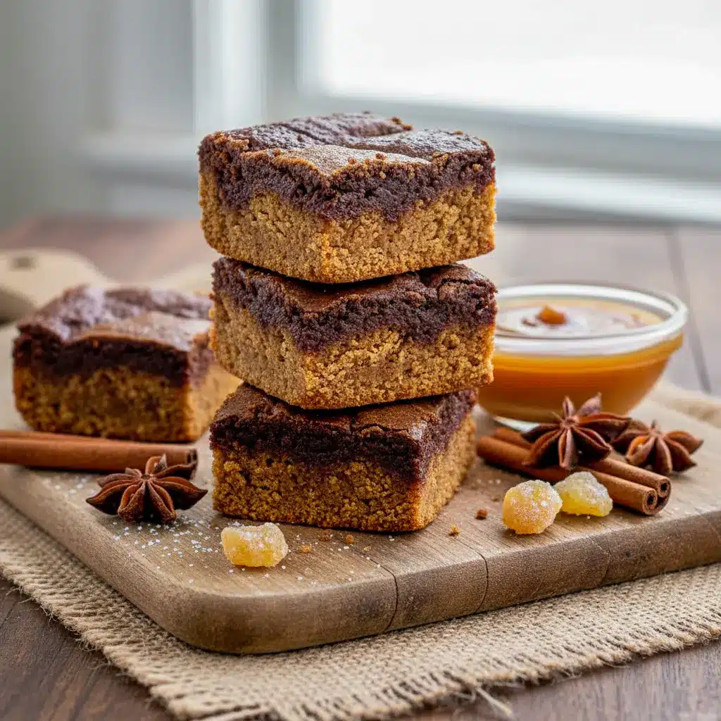 A close-up of fudgy gingerbread brownies swirled with chewy cookie layers — a cozy Holiday Baking treat that’s perfect for Christmas Desserts and festive Brownie Recipes fans.