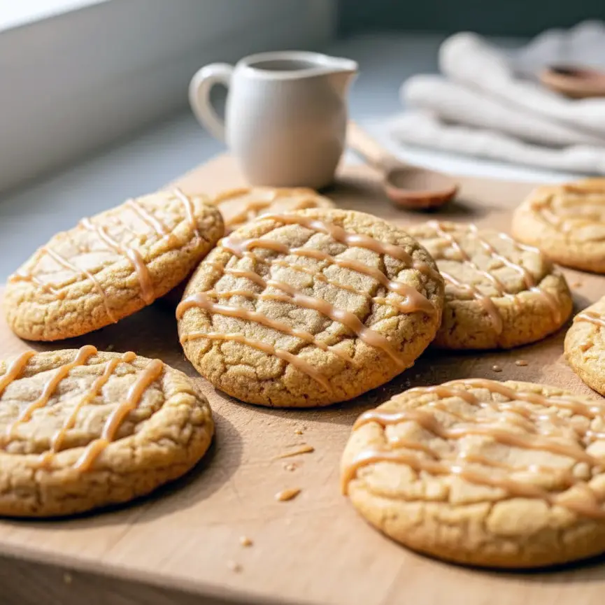 Close-up of Chewy Maple Brown Sugar Cookies topped with maple glaze on a rustic plate, showcasing golden edges and a soft, chewy texture perfect for Maple Desserts and fall baking.