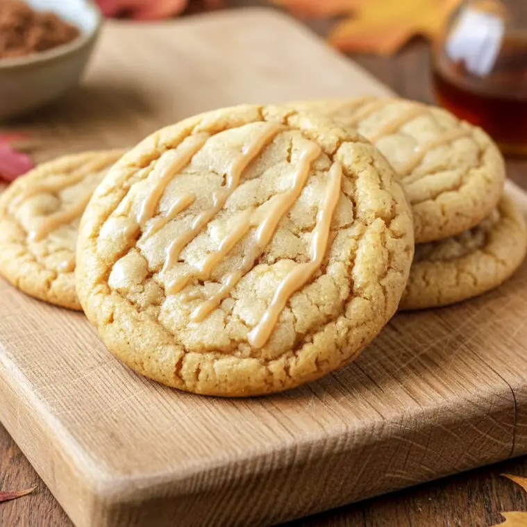 Close-up of Chewy Maple Brown Sugar Cookies topped with maple glaze on a rustic plate, showcasing golden edges and a soft, chewy texture perfect for Maple Desserts and fall baking.