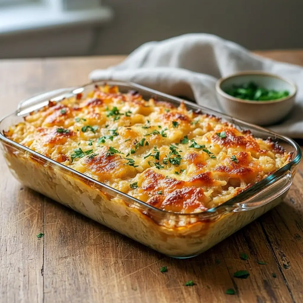 Golden, creamy Angel Chicken Rice baked to perfection in a casserole dish, topped with melted cheese and herbs — the perfect comfort meal for Recipes For Family Gatherings.