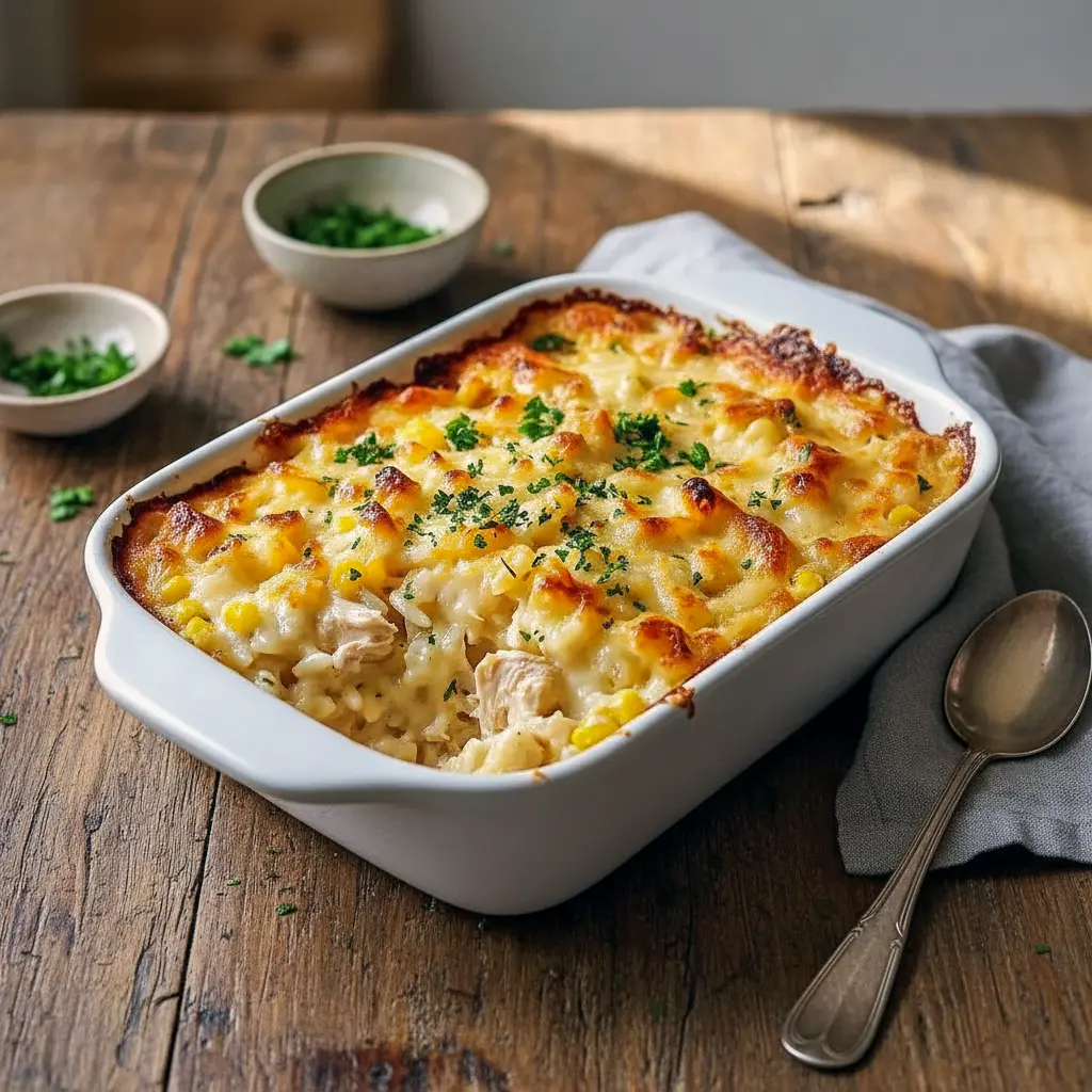 Golden, creamy Angel Chicken Rice baked to perfection in a casserole dish, topped with melted cheese and herbs — the perfect comfort meal for Recipes For Family Gatherings.