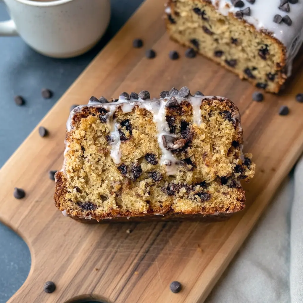 Sliced Chocolate Chip Cookie Bread Loaf on a cooling rack with chocolate chips sprinkled on top, golden edges, tender cookie-like crumb, and a drizzle of glaze across the surface.