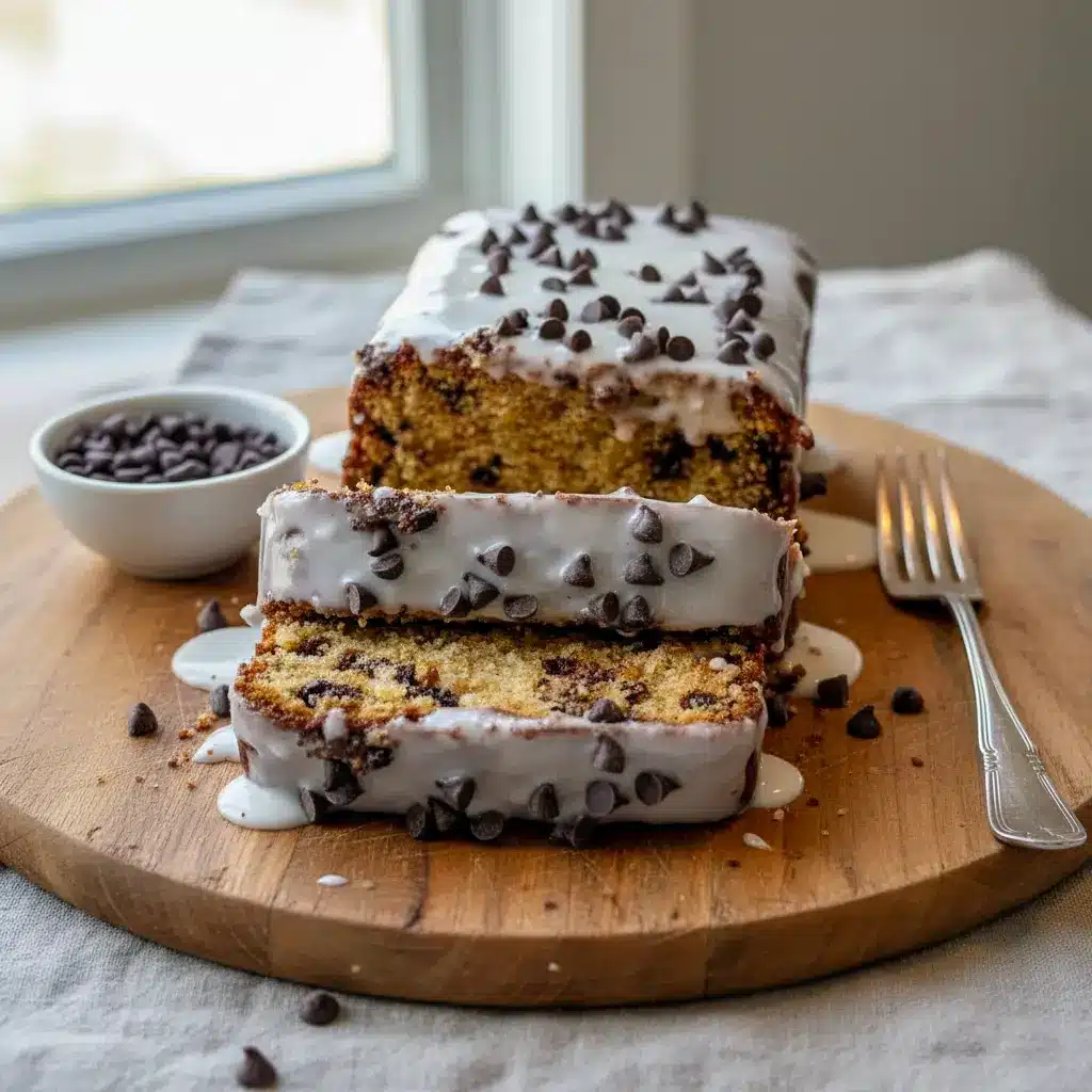 Sliced Chocolate Chip Cookie Bread Loaf on a cooling rack with chocolate chips sprinkled on top, golden edges, tender cookie-like crumb, and a drizzle of glaze across the surface.