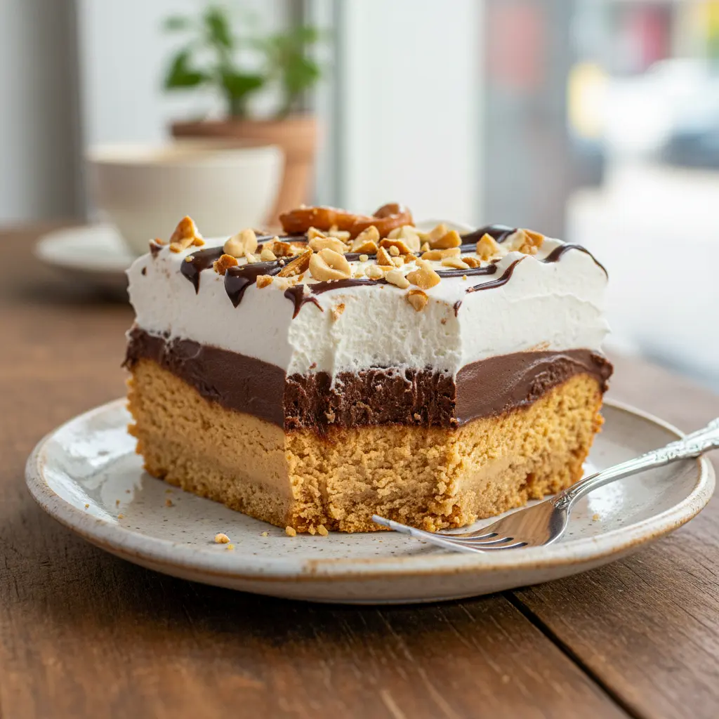 A decadent Chocolate Peanut Butter Bliss Cheesecake with a crunchy pretzel crust, creamy peanut butter cheesecake filling, smooth chocolate layer, and drizzled chocolate sauce, topped with whipped cream and crushed pretzels.