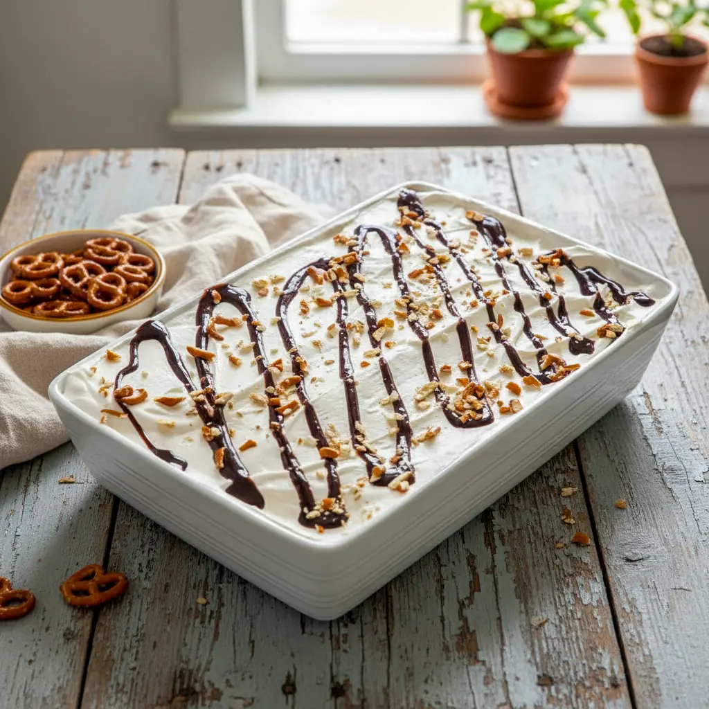 A decadent Chocolate Peanut Butter Bliss Cheesecake with a crunchy pretzel crust, creamy peanut butter cheesecake filling, smooth chocolate layer, and drizzled chocolate sauce, topped with whipped cream and crushed pretzels.