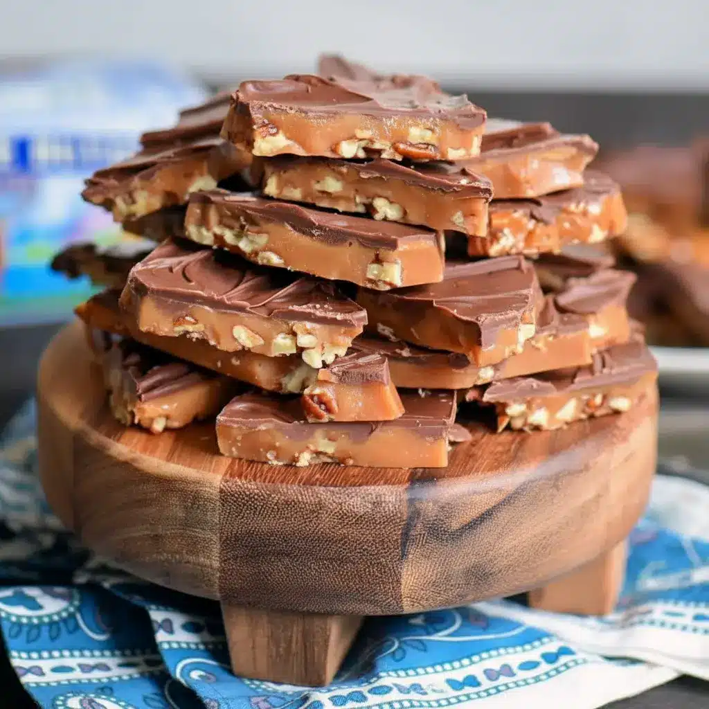 Close-up of broken toffee with toasted pecans and glossy chocolate, a sweet snack trending among Trending Desserts 2025, inspired by a light Sponge Toffee Recipe texture.