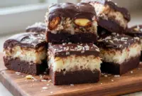 Close-up of layered chocolate brownies topped with coconut filling, almonds, and glossy chocolate ganache, resembling a homemade candy bar version of brownies.