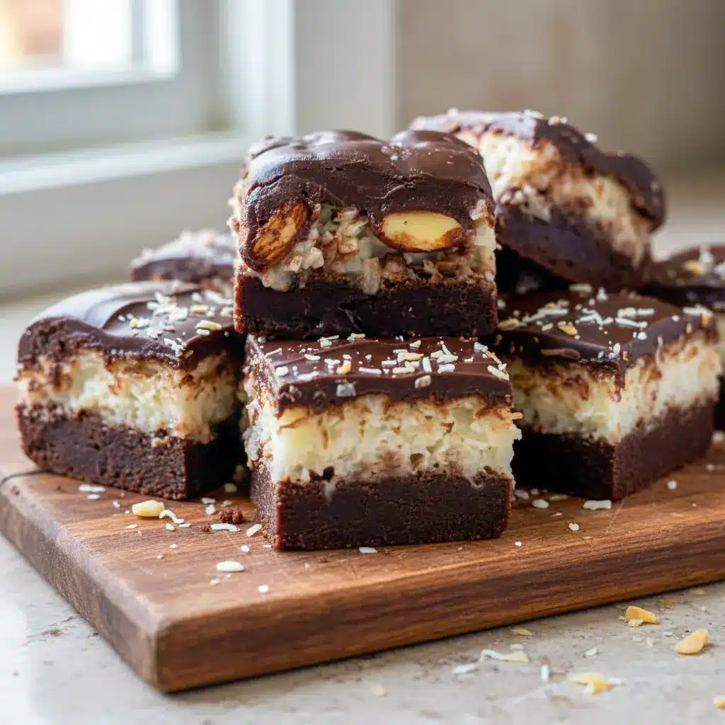 Close-up of layered chocolate brownies topped with coconut filling, almonds, and glossy chocolate ganache, resembling a homemade candy bar version of brownies.
