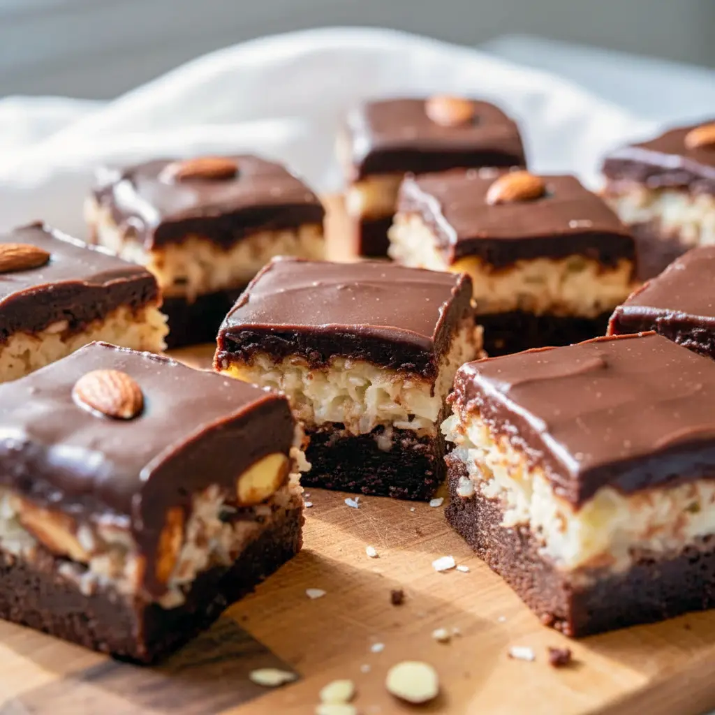 Close-up of layered chocolate brownies topped with coconut filling, almonds, and glossy chocolate ganache, resembling a homemade candy bar version of brownies.
