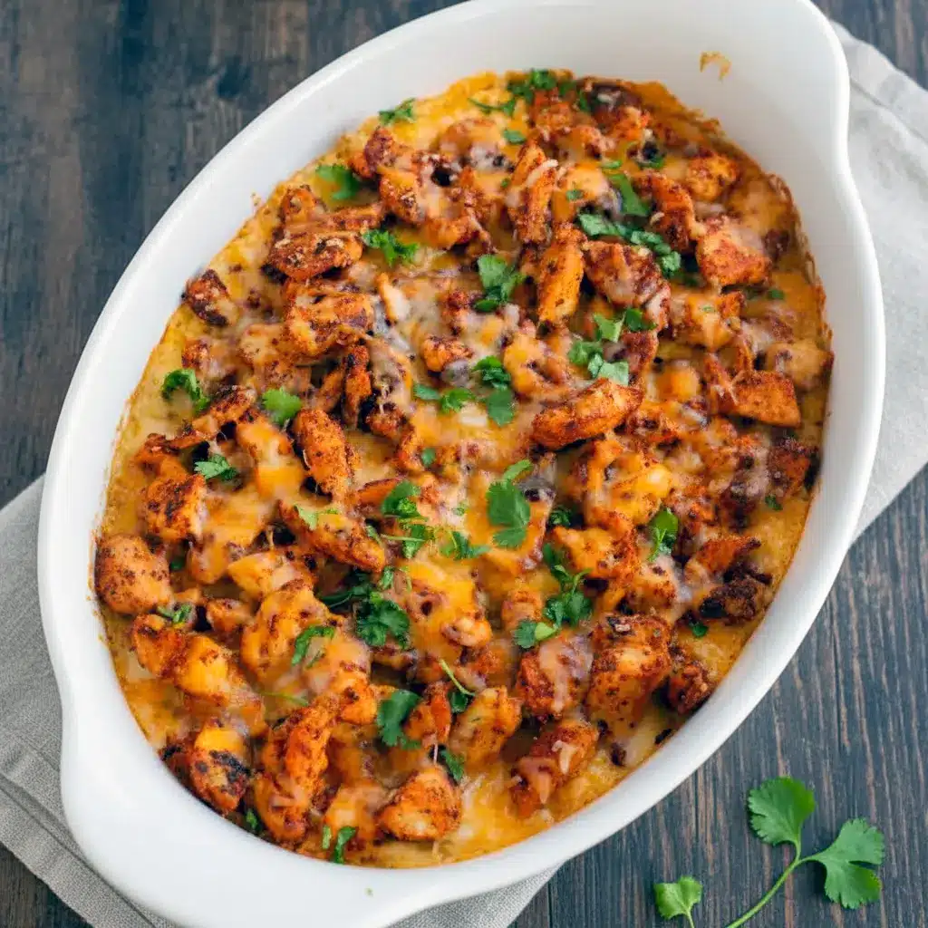 Golden baked chicken and queso casserole with melted cheese and rice, served hot in a rustic dish with fresh cilantro on top and a cozy dinner-table backdrop.