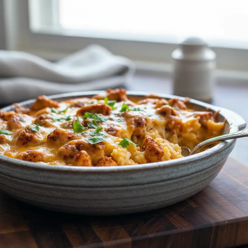 Golden baked chicken and queso casserole with melted cheese and rice, served hot in a rustic dish with fresh cilantro on top and a cozy dinner-table backdrop.