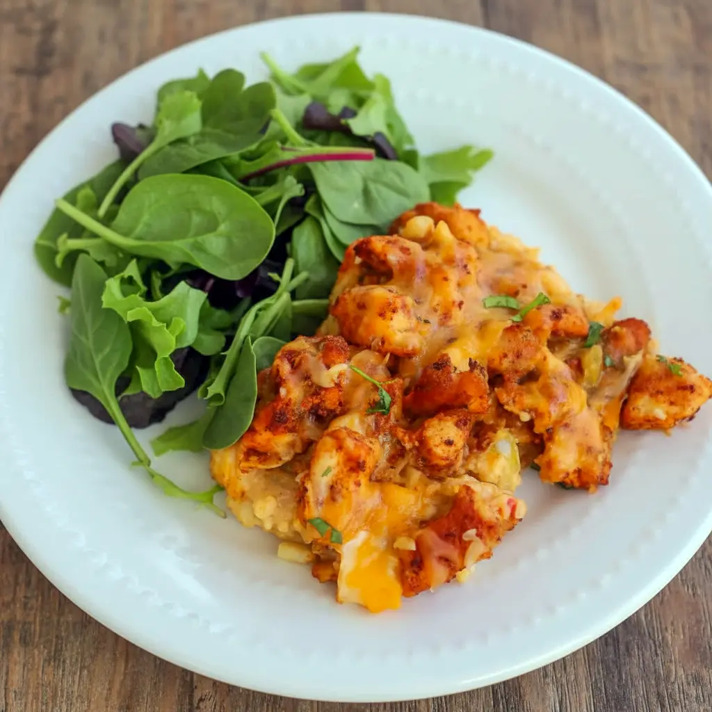Golden baked chicken and queso casserole with melted cheese and rice, served hot in a rustic dish with fresh cilantro on top and a cozy dinner-table backdrop.