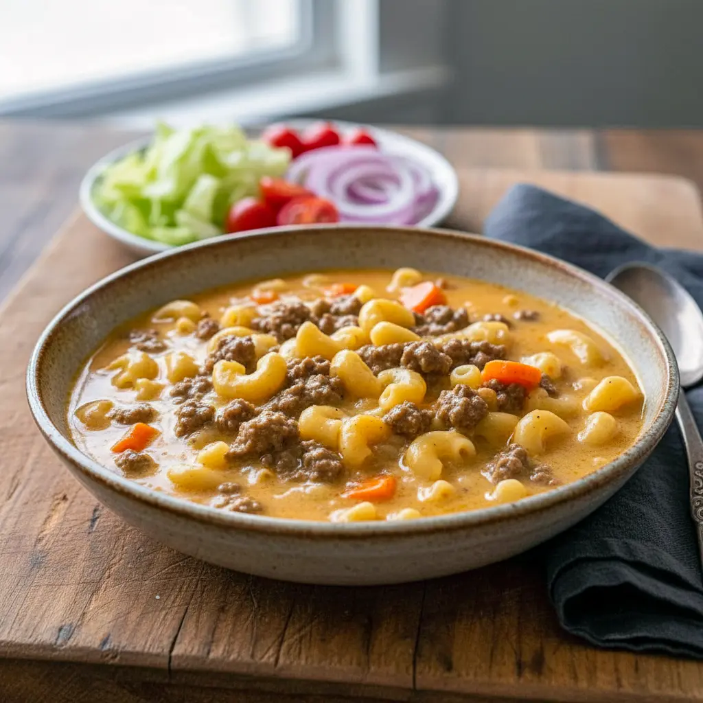 Bowl of Creamy Cheeseburger Macaroni Soup, loaded with tender pasta, melted cheese, and seasoned hamburger meat, perfect for fans of Mac Soup Recipes, Macaroni Cheese Soup Recipes, Soup Recipes With Hamburger Meat, and other cozy comfort-style meals.