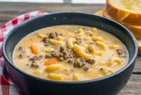 Bowl of Creamy Cheeseburger Macaroni Soup, loaded with tender pasta, melted cheese, and seasoned hamburger meat, perfect for fans of Mac Soup Recipes, Macaroni Cheese Soup Recipes, Soup Recipes With Hamburger Meat, and other cozy comfort-style meals.