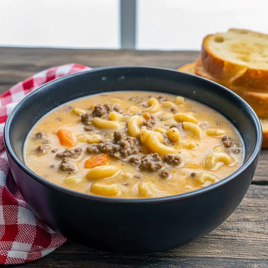 Bowl of Creamy Cheeseburger Macaroni Soup, loaded with tender pasta, melted cheese, and seasoned hamburger meat, perfect for fans of Mac Soup Recipes, Macaroni Cheese Soup Recipes, Soup Recipes With Hamburger Meat, and other cozy comfort-style meals.