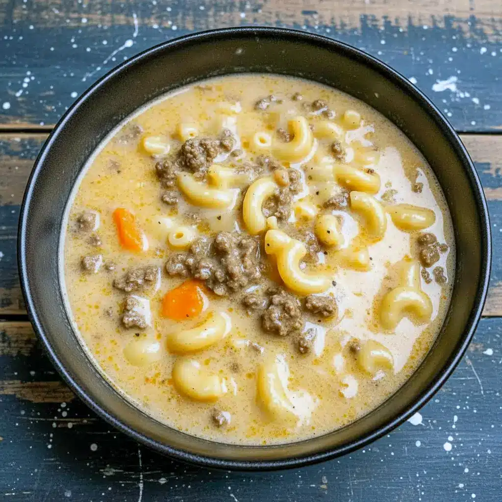 Bowl of Creamy Cheeseburger Macaroni Soup, loaded with tender pasta, melted cheese, and seasoned hamburger meat, perfect for fans of Mac Soup Recipes, Macaroni Cheese Soup Recipes, Soup Recipes With Hamburger Meat, and other cozy comfort-style meals.